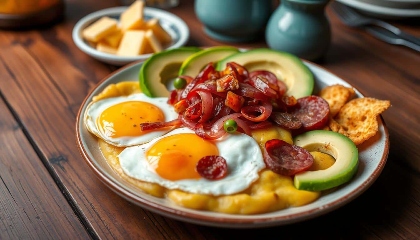 A vibrant plate of breakfast featuring sunny-side-up eggs, avocado, and various meats on a wooden table.