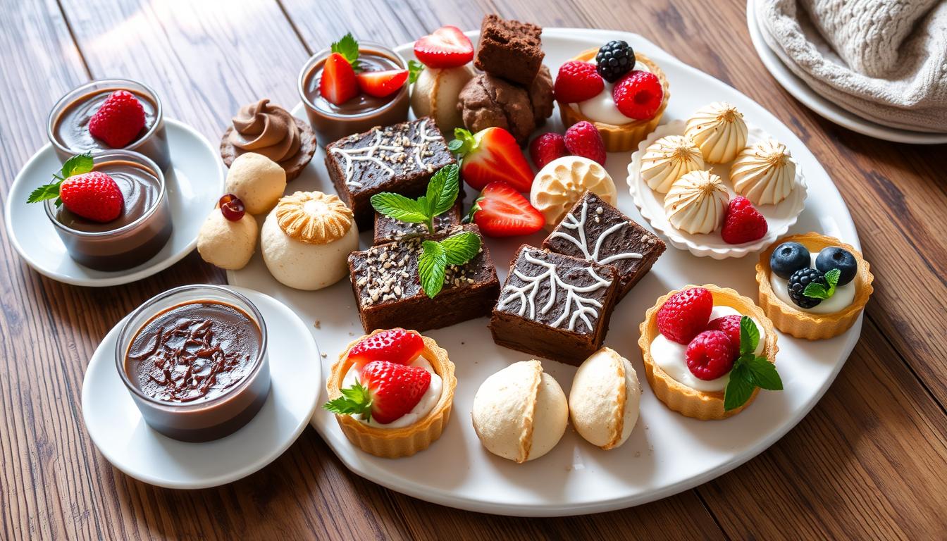 A beautifully arranged platter of assorted desserts including chocolates, cakes, and fruit garnishes.