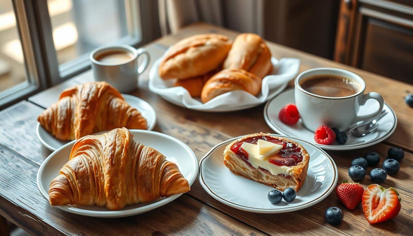 A cozy breakfast setting featuring croissants, a pastry, and coffee beside fresh berries.