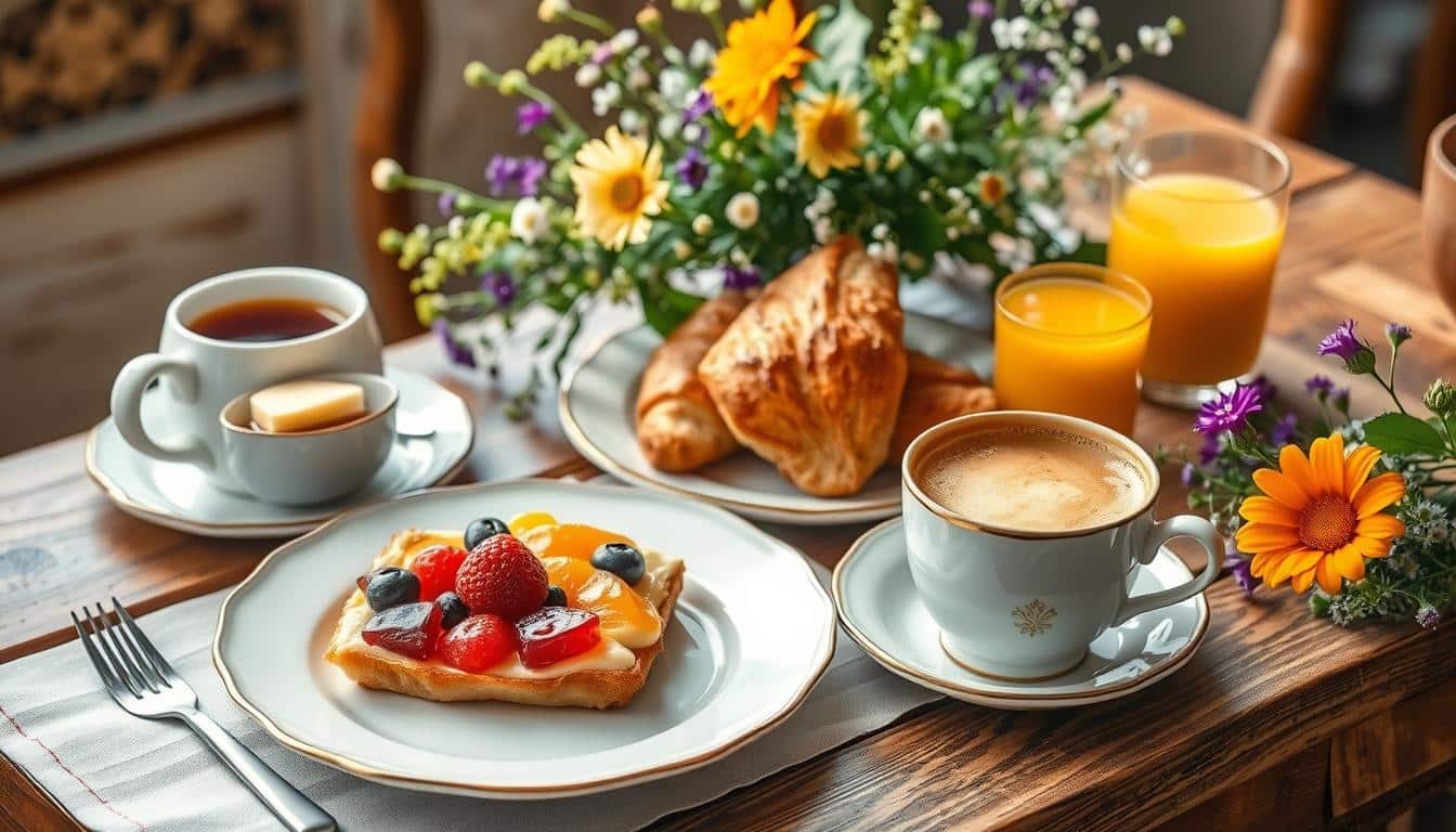 A beautifully arranged breakfast table with pastries, fruit tart, coffee, and orange juice alongside a vase of flowers.