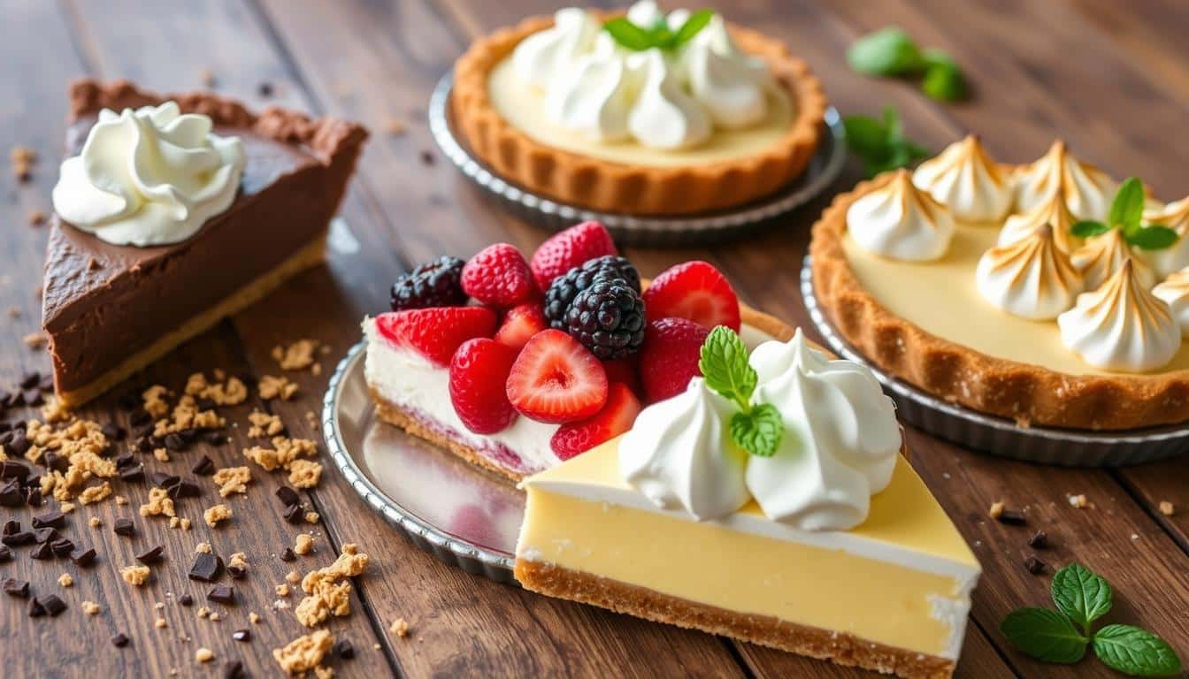 A selection of delicious desserts including chocolate pie, fruit tart, and lemon meringue pie arranged on a wooden table.