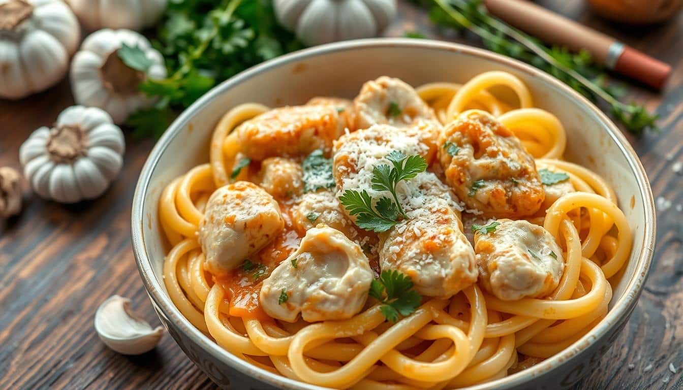 A bowl of pasta with creamy sauce and meatballs, garnished with fresh herbs.