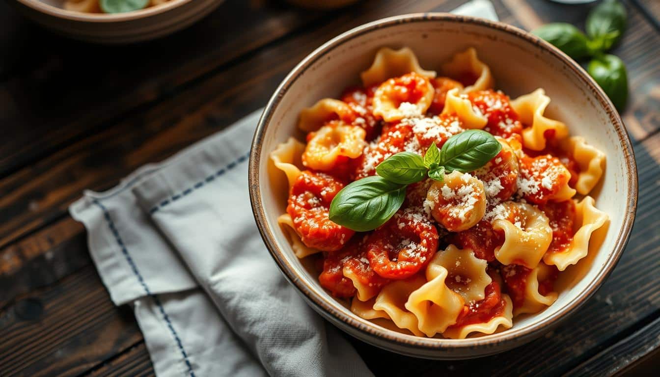 A bowl of pasta topped with marinara sauce, cheese, and fresh basil leaves.