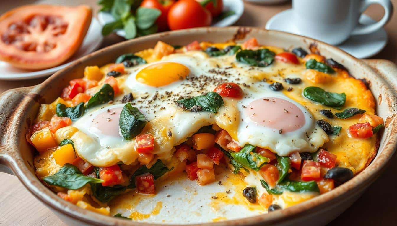 A baked egg dish with colorful vegetables and two sunny side up eggs in a ceramic dish.