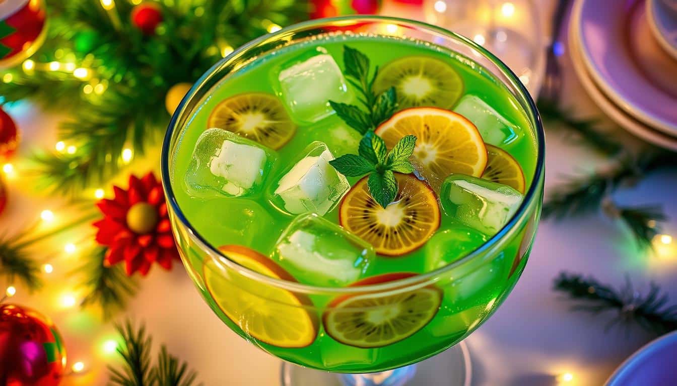 A vibrant green punch bowl filled with ice and citrus slices, surrounded by festive decorations.