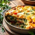 high protein breakfast casserole :A cheesy spinach and tomato casserole in a baking dish, surrounded by fresh avocado and parsley.