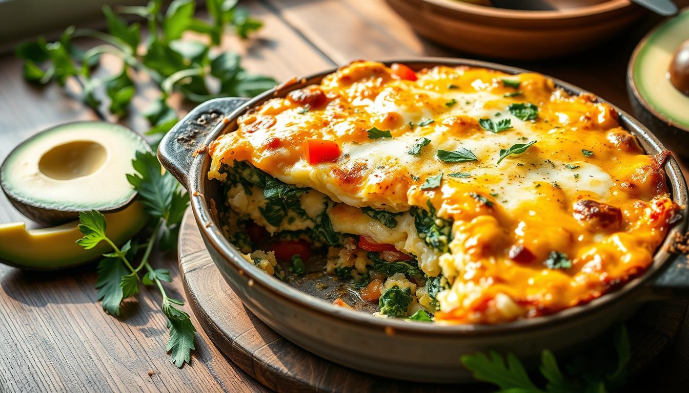 A cheesy spinach and tomato casserole in a baking dish, surrounded by fresh avocado and parsley.