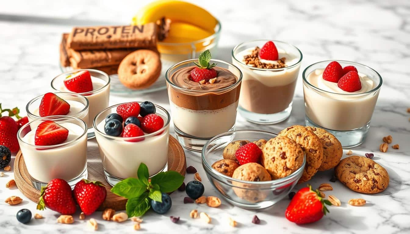 A colorful display of desserts including yogurt parfaits, chocolate mousse, and cookies with fresh fruits.