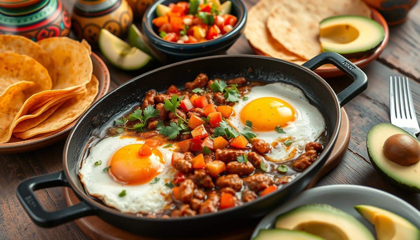 A delicious breakfast platter featuring eggs, beans, and tortillas.