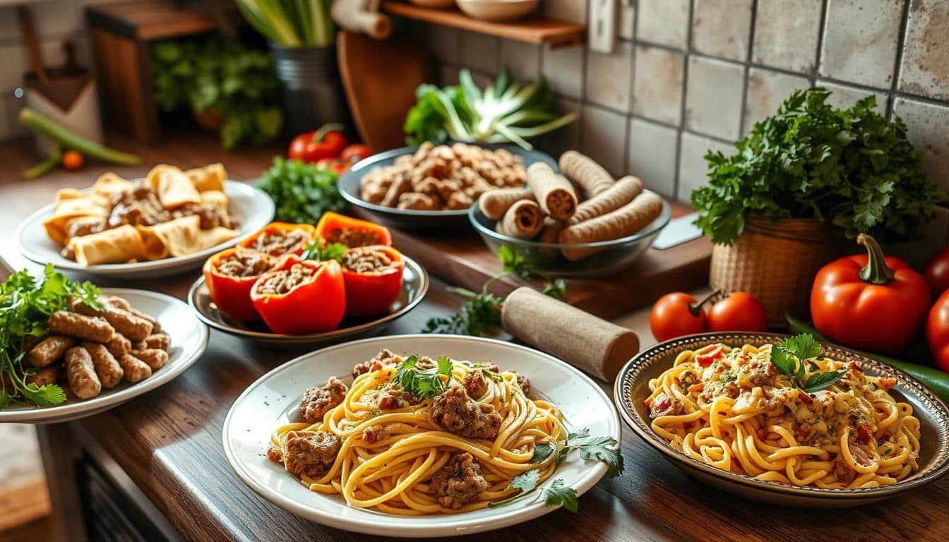 A wooden kitchen counter displays various dishes, including pasta, stuffed peppers, and rolled pastries.