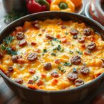 A close-up of a cheesy dish with sausage and vegetables, surrounded by colorful bell peppers and herbs.