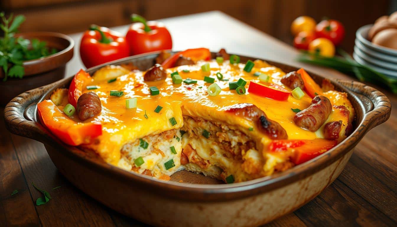 A delicious baked dish with cheese, sausages, and peppers in a ceramic dish.