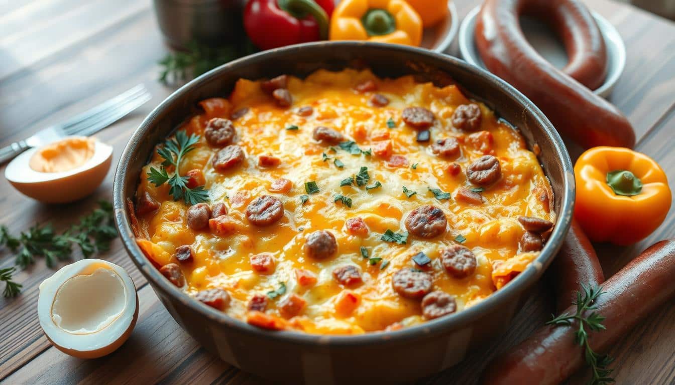 A close-up of a cheesy dish with sausage and vegetables, surrounded by colorful bell peppers and herbs.