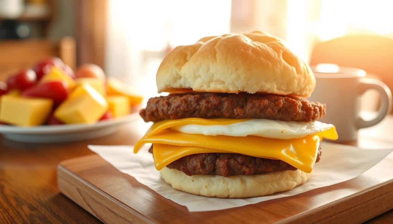 A delicious breakfast sandwich stacked with sausage, cheese, and egg on a soft biscuit, accompanied by a plate of fruit and cheese in the background.