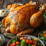 leftover rotisserie chicken recipes :A beautifully roasted chicken surrounded by a variety of side dishes on a wooden table.