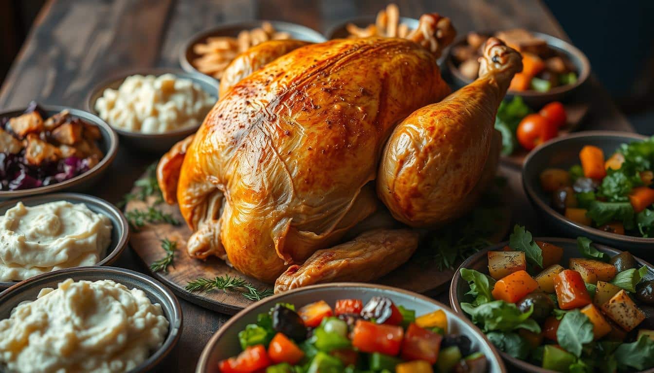 A beautifully roasted chicken surrounded by a variety of side dishes on a wooden table.