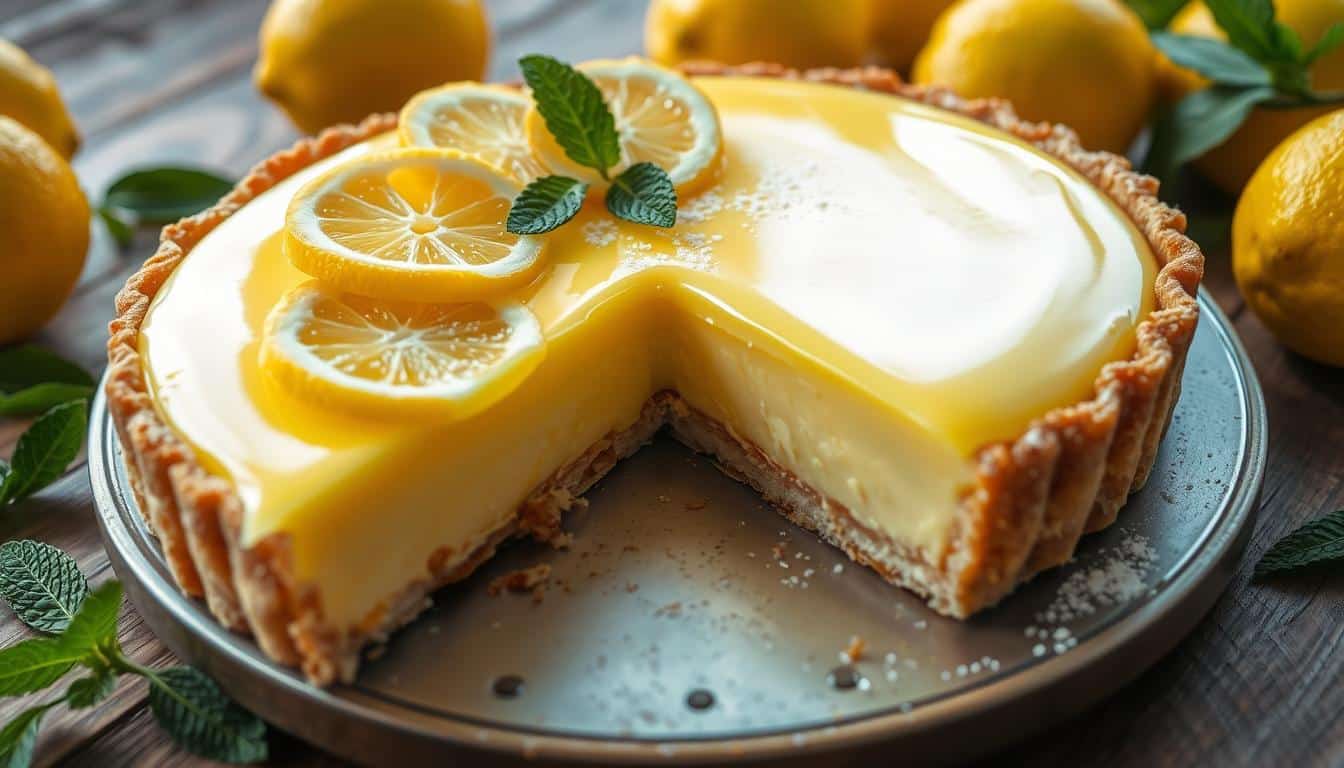 A lemon tart garnished with lemon slices and mint leaves, with a slice removed, set on a wooden table surrounded by lemons and mint.