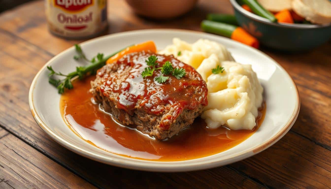 A plate of meatloaf with mashed potatoes and gravy, garnished with parsley.