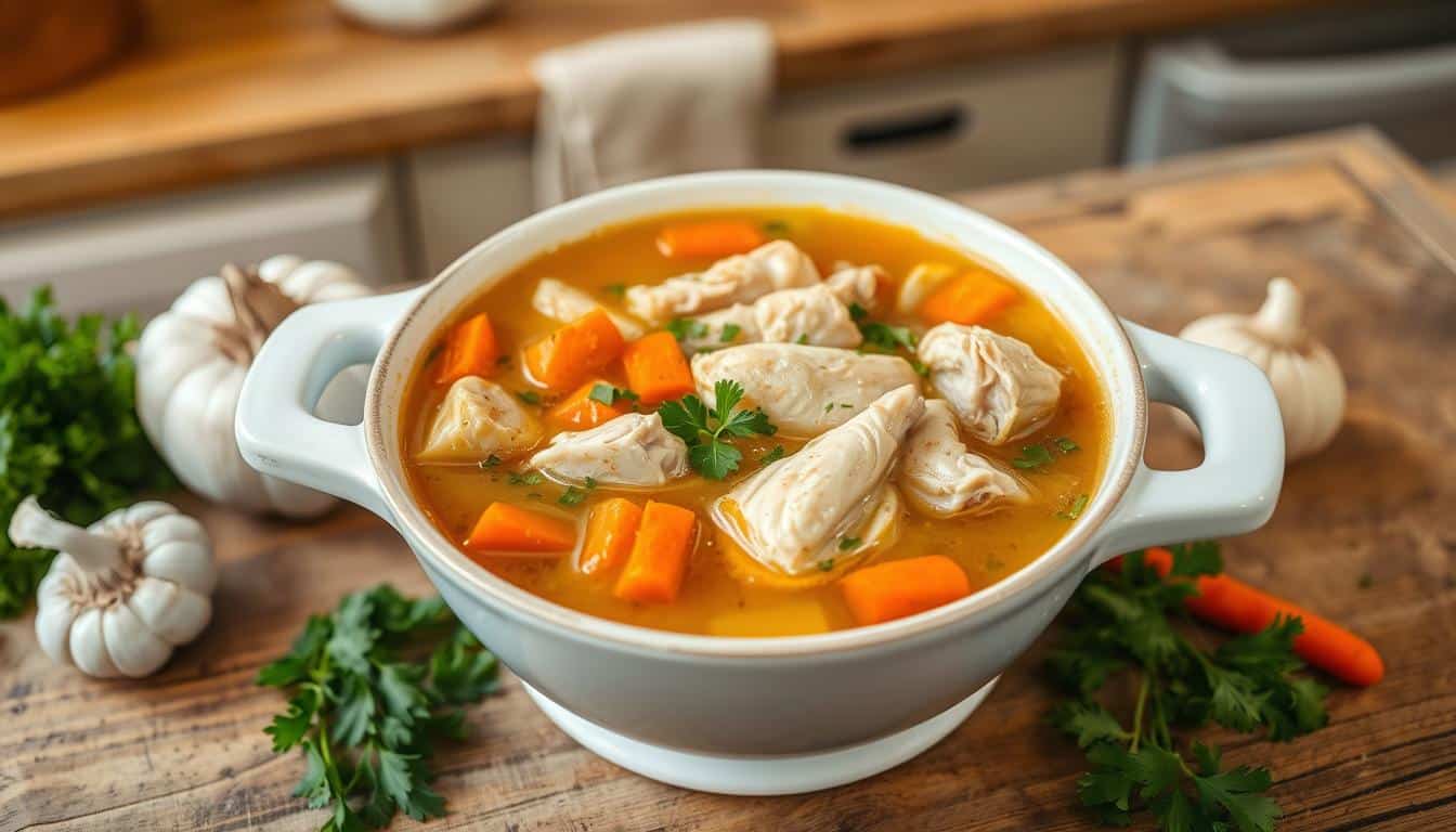 A bowl of hearty chicken soup with vegetables sit on a wooden table.