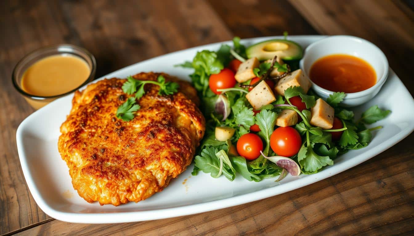 A plate featuring a crispy golden patty with a fresh salad and dipping sauces.