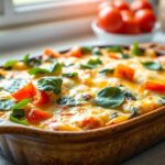 no egg breakfast casserole :A freshly baked vegetable casserole topped with cheese and vibrant herbs.