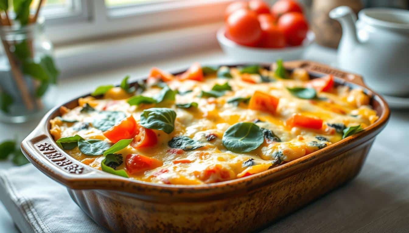 A freshly baked vegetable casserole topped with cheese and vibrant herbs.