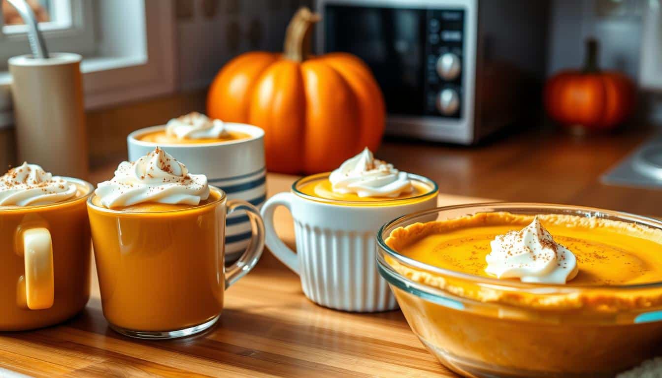 A cozy kitchen scene featuring pumpkin-themed beverages and a pumpkin pie.