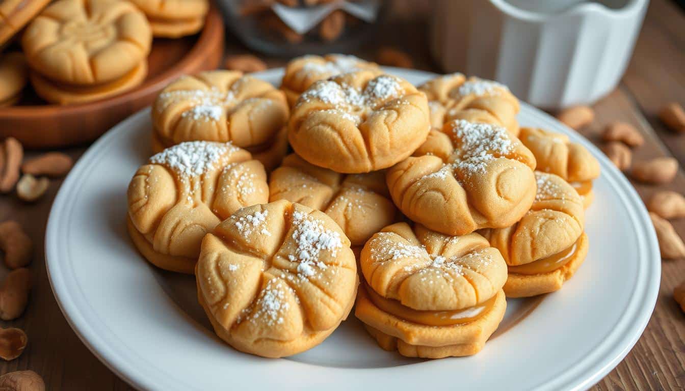 A plate of cookies dusted with powdered sugar and filled with cream, surrounded by nuts.