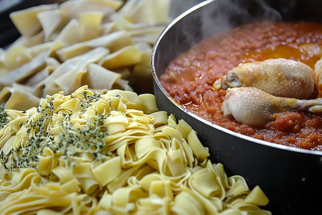 Close-up of a rustic pasta dish with chicken, vegetables, and rich tomato sauce.