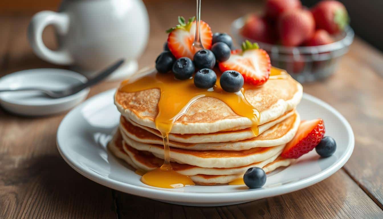 A stack of fluffy pancakes topped with fresh berries and syrup on a white plate.