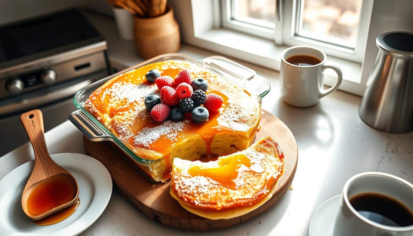 A fluffy pancake topped with fresh berries and syrup on a wooden board beside a cup of coffee.