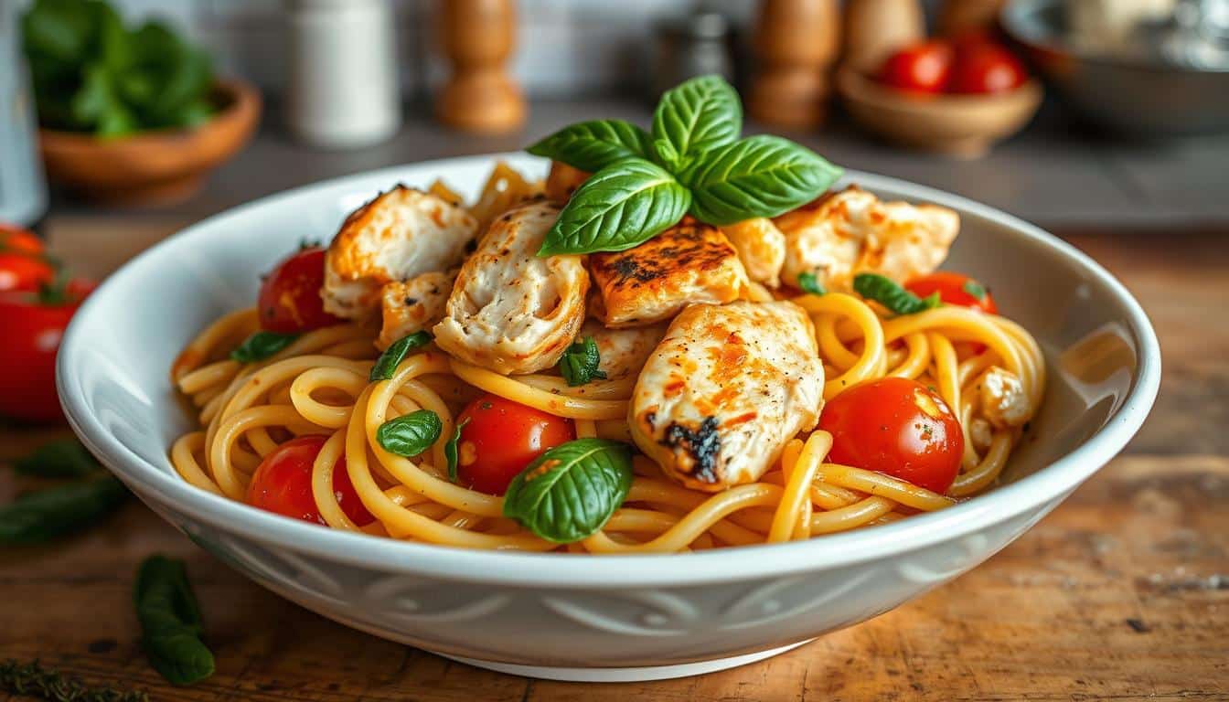 A bowl of spaghetti topped with grilled chicken, cherry tomatoes, and fresh basil leaves.