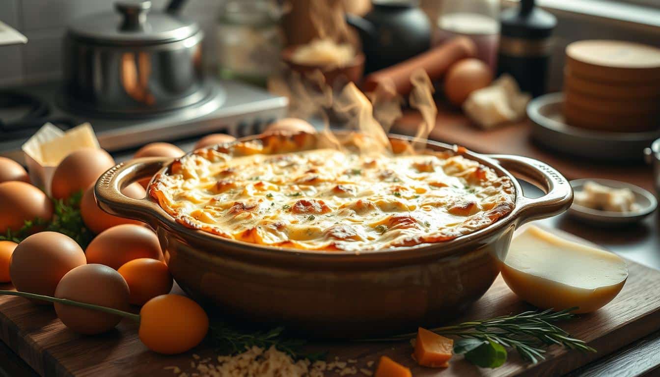 A steaming, cheesy casserole surrounded by eggs and fresh herbs on a kitchen counter.