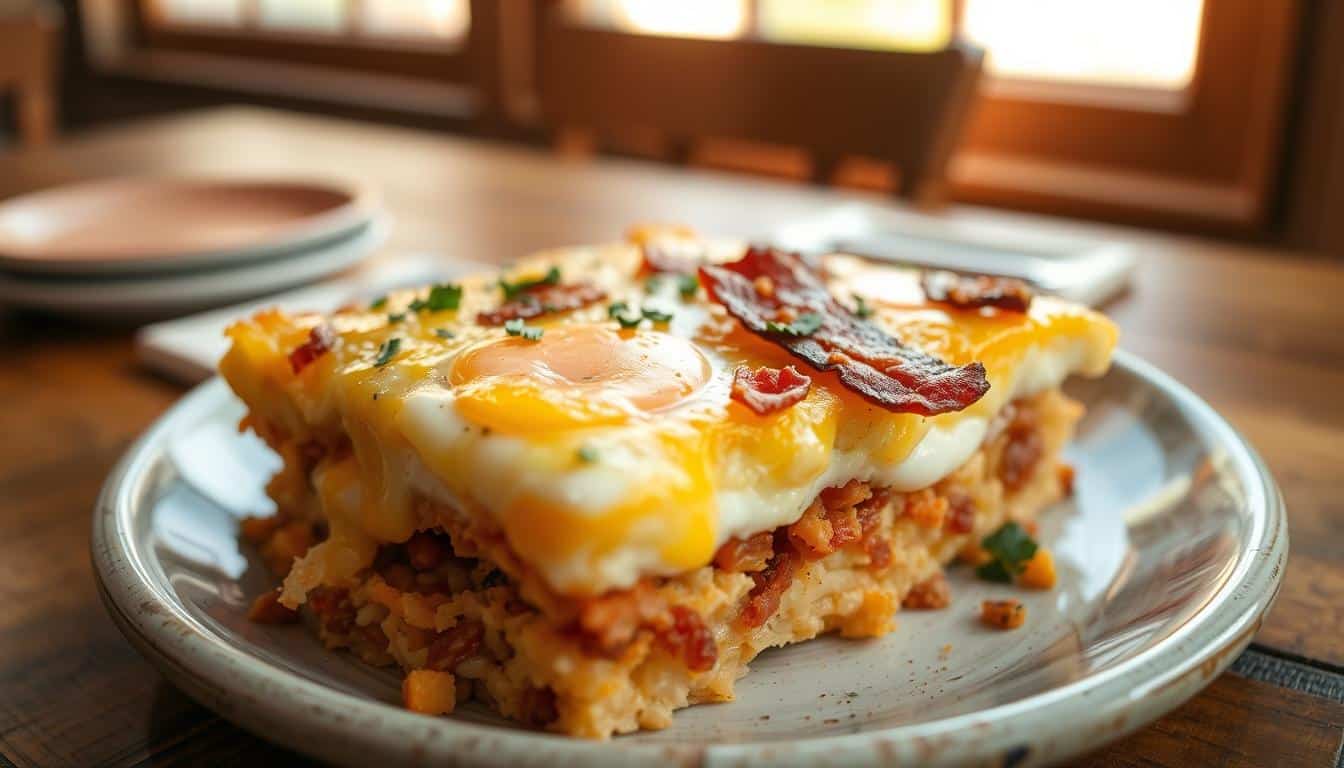 A delicious serving of breakfast casserole topped with eggs and bacon on a plate.