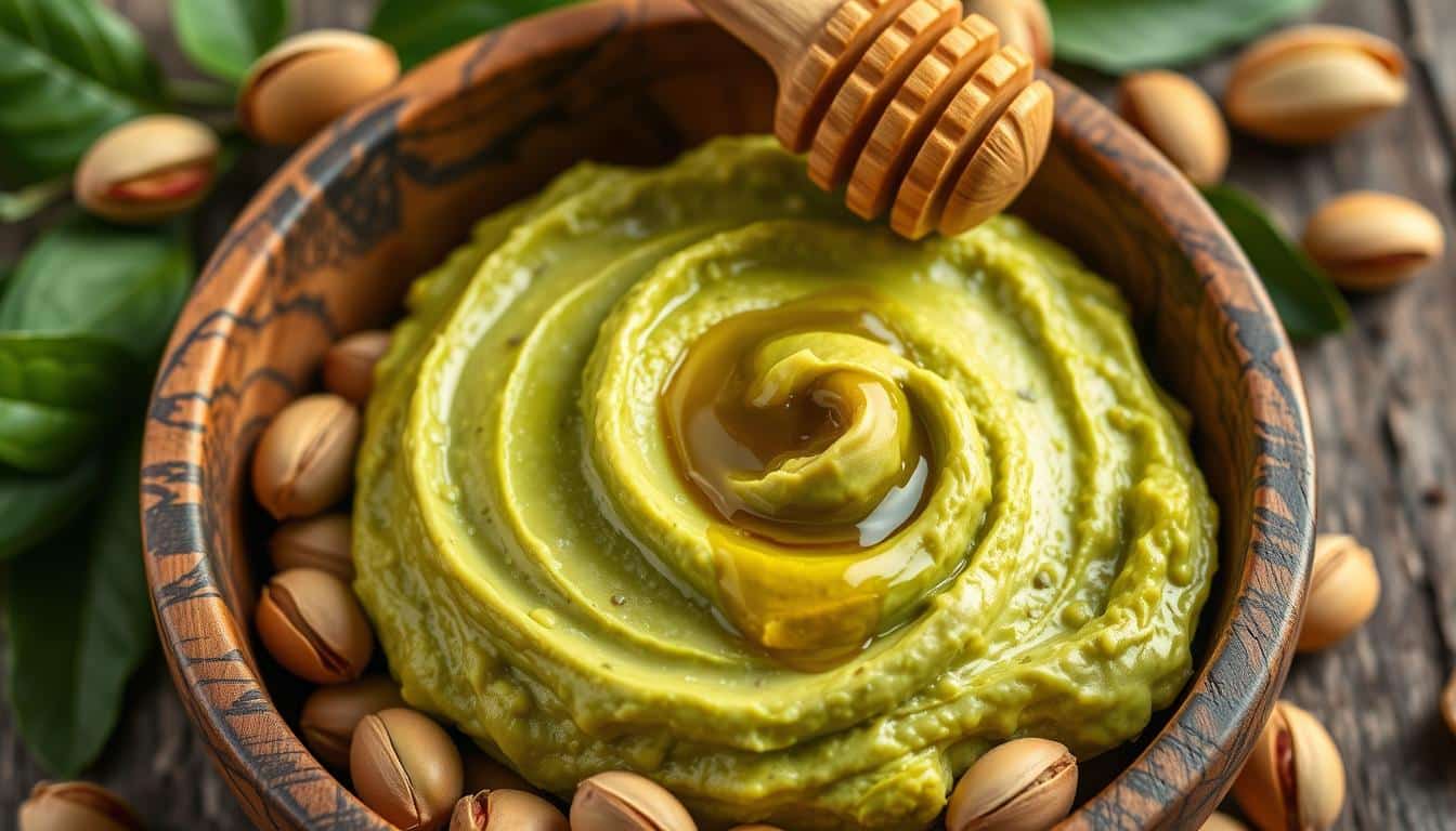 A bowl of vibrant green pesto surrounded by pistachios and garnished with honey.