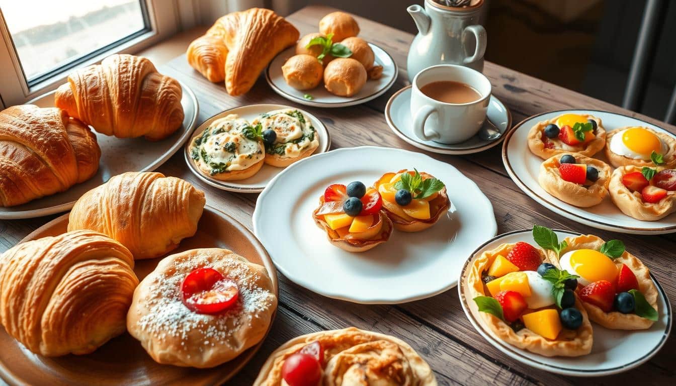 A table set with various delicious breakfast pastries and a cup of coffee.