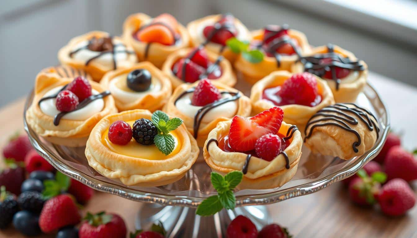 A beautifully arranged platter of assorted mini fruit tarts and pastries.