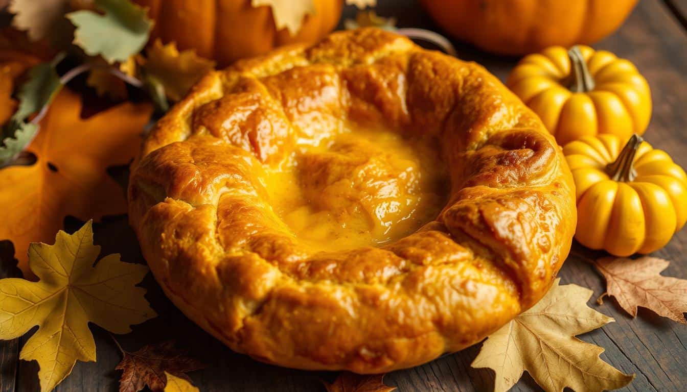 A golden-brown baked dish surrounded by autumn leaves and pumpkins.