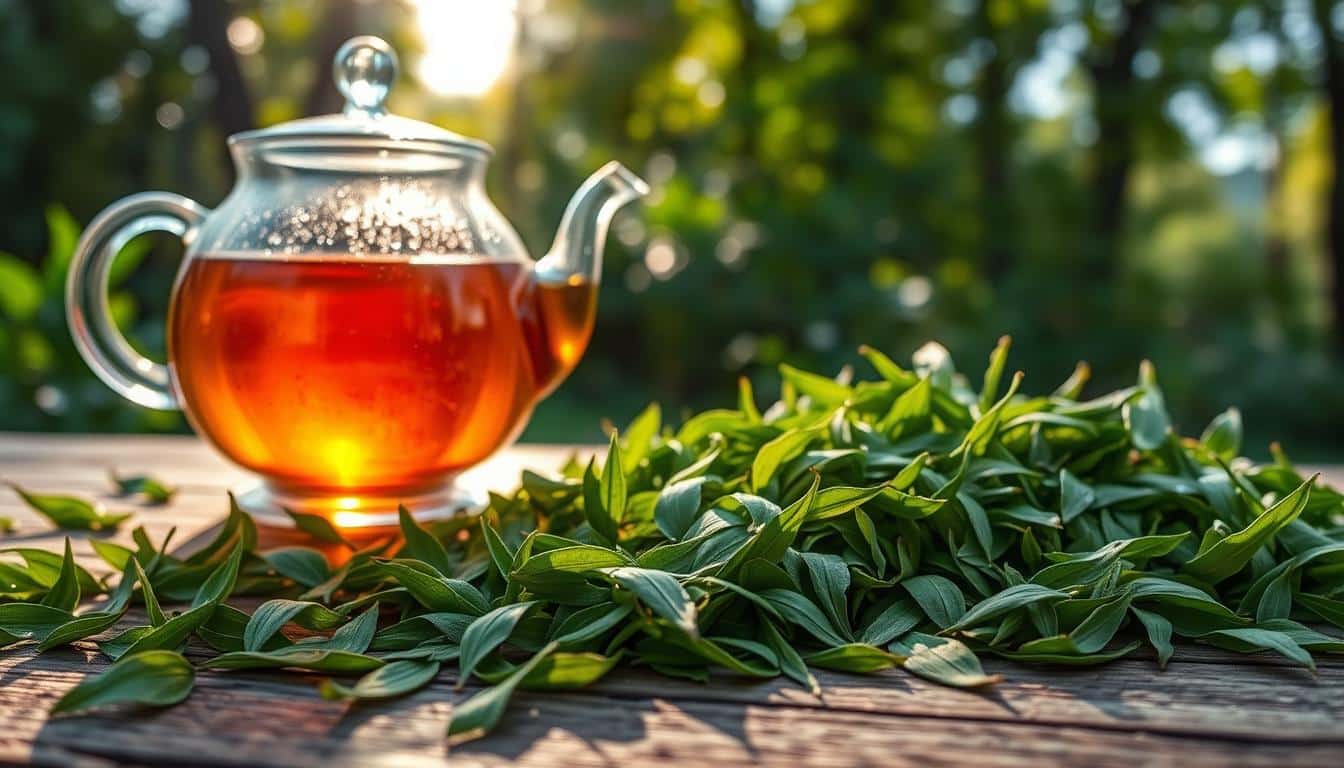 A glass teapot filled with brewed tea sits beside fresh tea leaves on a wooden table, with a blurred green background.