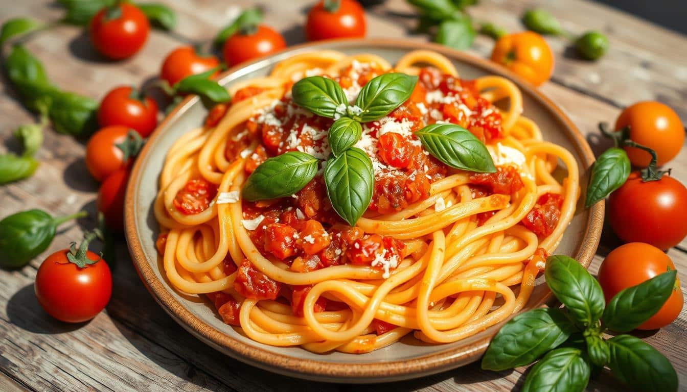 A plate of spaghetti topped with tomato sauce and basil surrounded by cherry tomatoes.