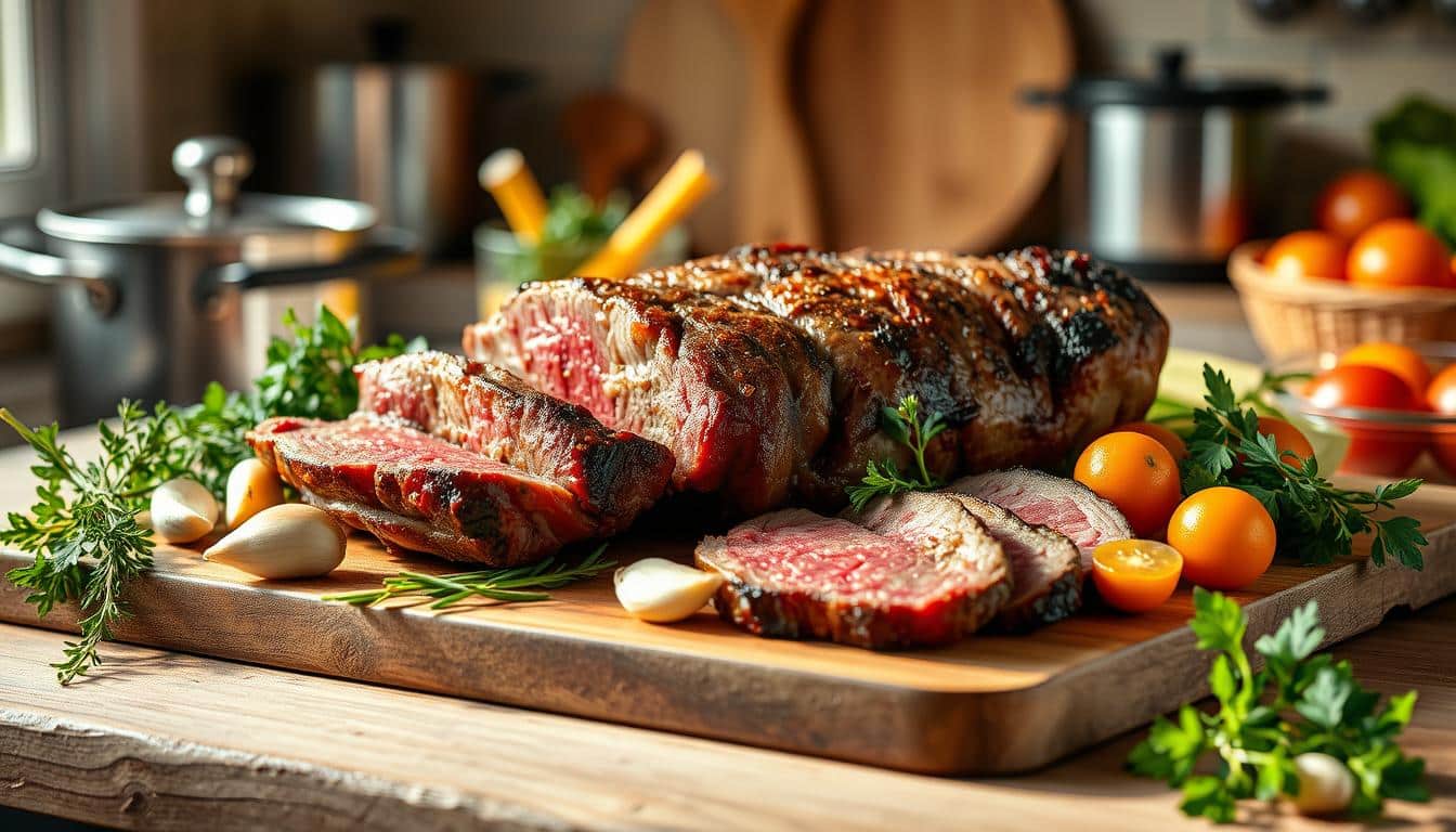 A beautifully cooked beef roast garnished with herbs and surrounded by fresh ingredients.