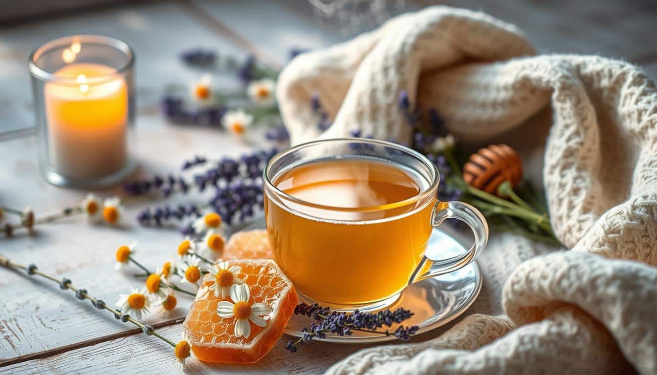 A cozy setting featuring a cup of herbal tea, honeycomb, and flowers beside a lit candle.