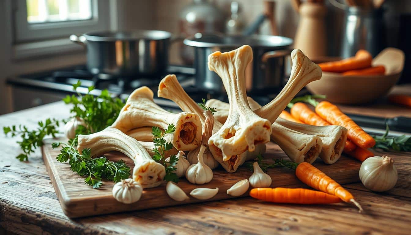 A wooden cutting board with bone marrow, garlic, carrots, and parsley arranged on it in a kitchen setting.