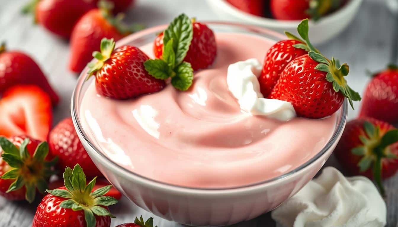 A creamy strawberry dessert in a glass bowl, garnished with fresh strawberries and mint leaves.