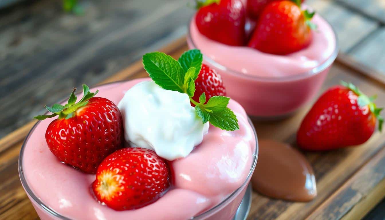 Two dessert bowls filled with pink yogurt topped with strawberries and mint leaves sit on a wooden tray.