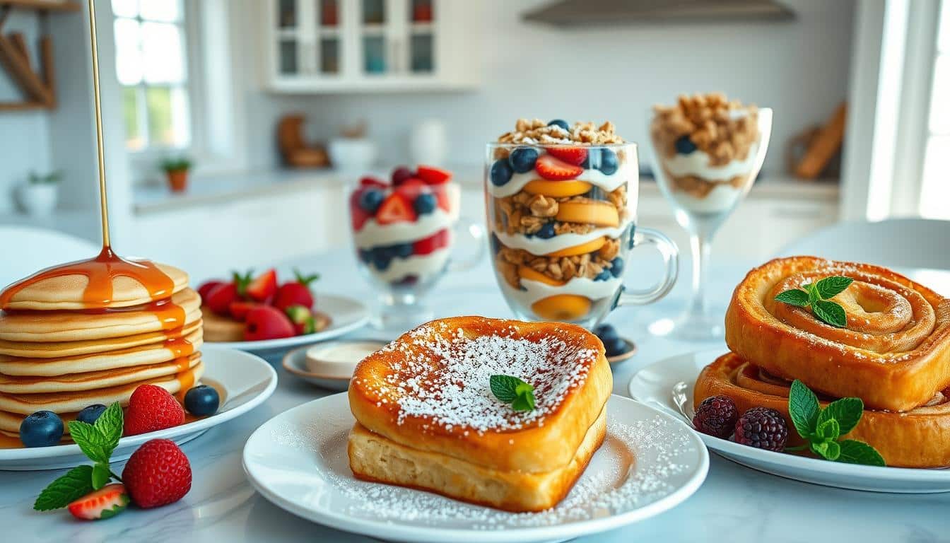 A beautifully arranged breakfast spread featuring pancakes, pastries, and fruit.