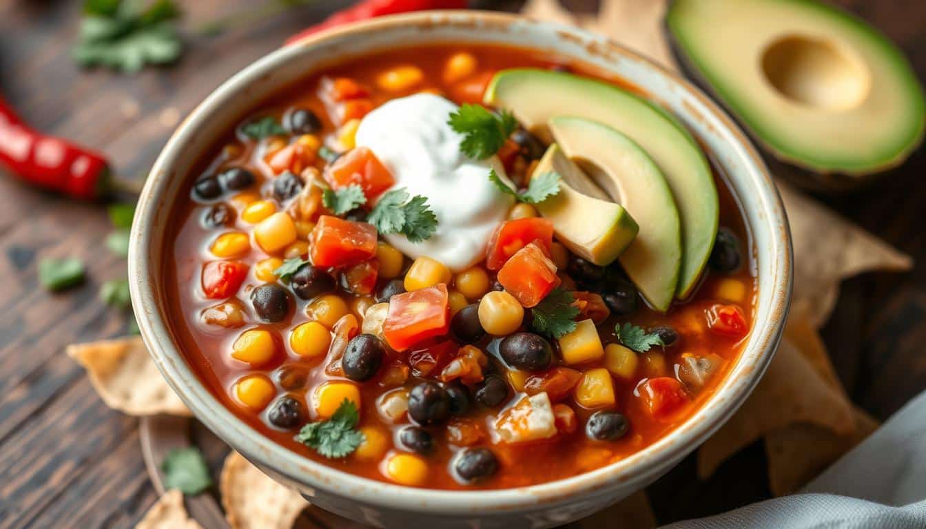 A hearty bowl of vegetable soup with black beans, corn, and toppings of avocado and sour cream.