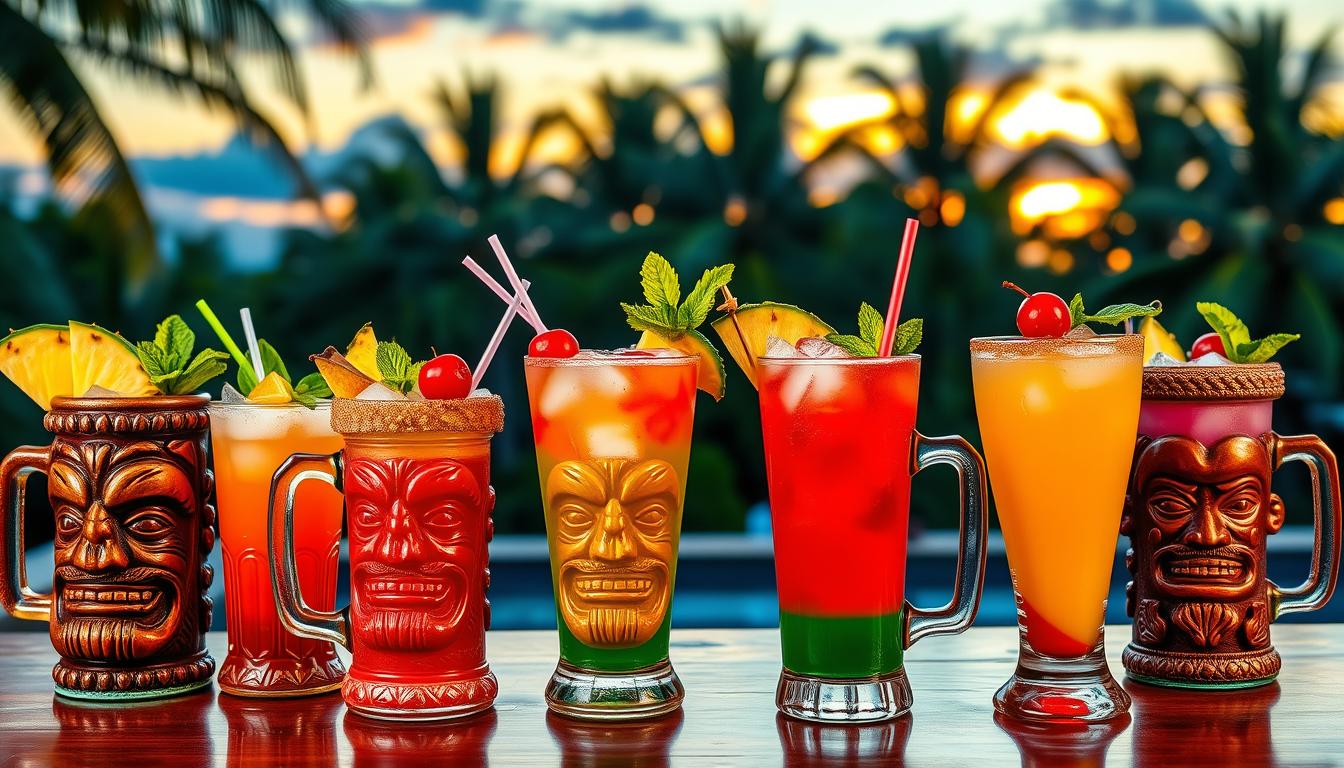 A vibrant display of colorful cocktails in tiki mugs against a sunset backdrop.