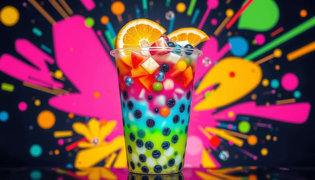 A colorful layered drink filled with fruits and vibrant beads in a clear cup against a bright burst background.