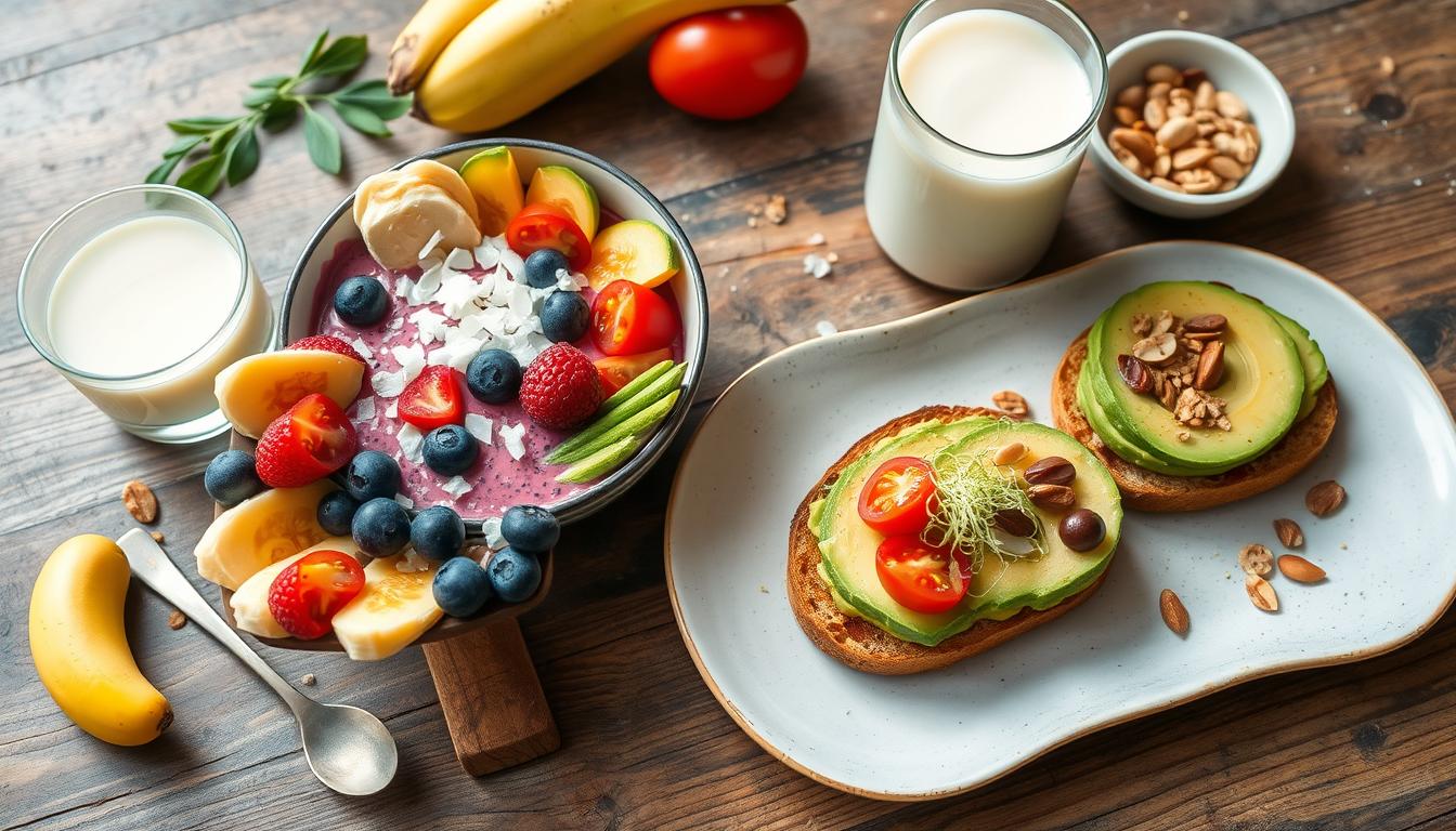 A colorful breakfast spread featuring a smoothie bowl, toast with avocado, and a glass of milk.